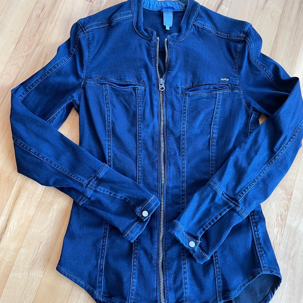 G Star Raw blue stretch denim women's zipper shirt jacket S in dark wash NWOT
